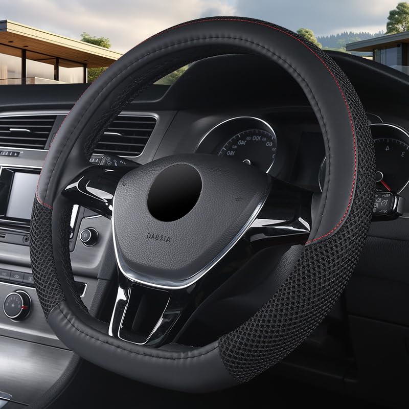 KAFEEK D Shape Steering Wheel Cover, Universal 15 inch, Microfiber Leather Viscose, Breathable, Anti-Slip,Warm in Winter and Cool in Summer, Black - Image 2